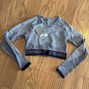 Gymshark Flex Long Sleeve Crop Top Small Steel Blue Marl/Evening Navy Blue NWT